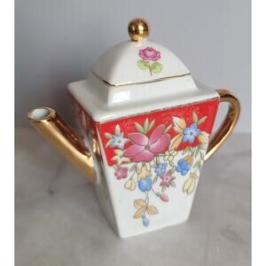 Vintage Mini Teapot Floral Transfer with Red & Gold Trim Ceramic Porcelain 3.5"